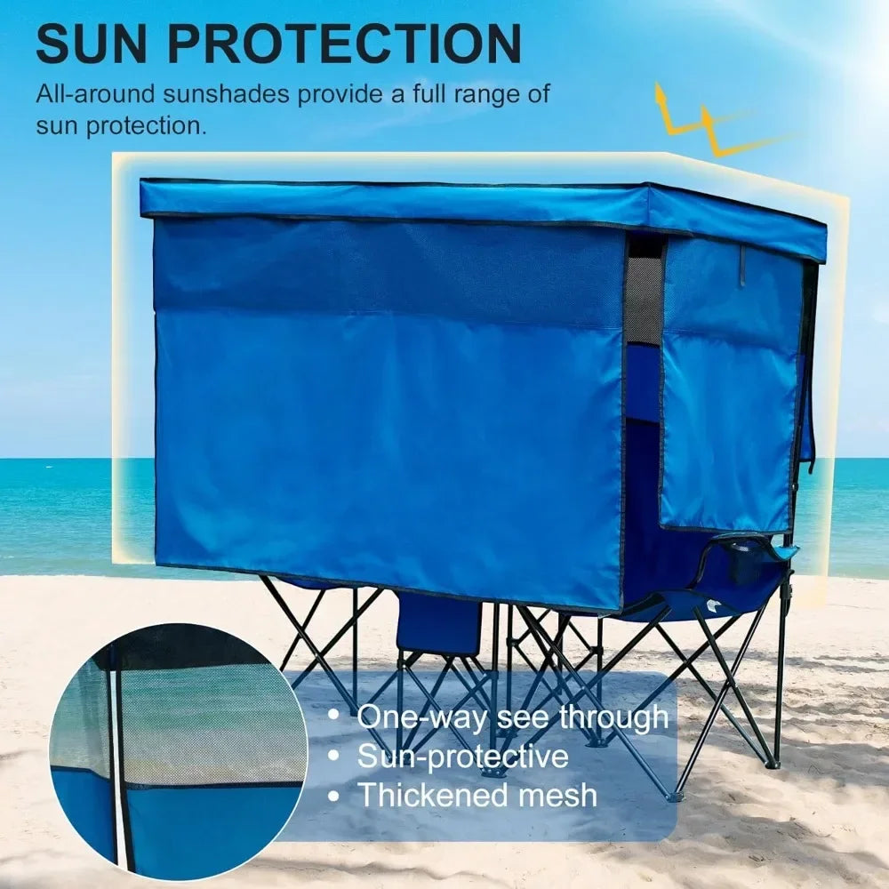 Double Camping Chair With Canopy Shade Beach Chairs With Cup Holder Heavy Duty Folding for Outside Lawn Patio Chaise De Plage - Wild Paw Outdoors