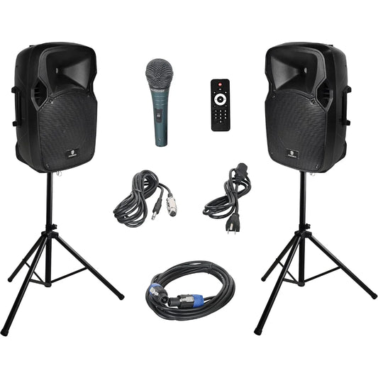 Party 12 Inch 1000 Watt 2 Way Powered PA Speaker System Combo Set with Bluetooth and USB Drive - Wild Paw Outdoors