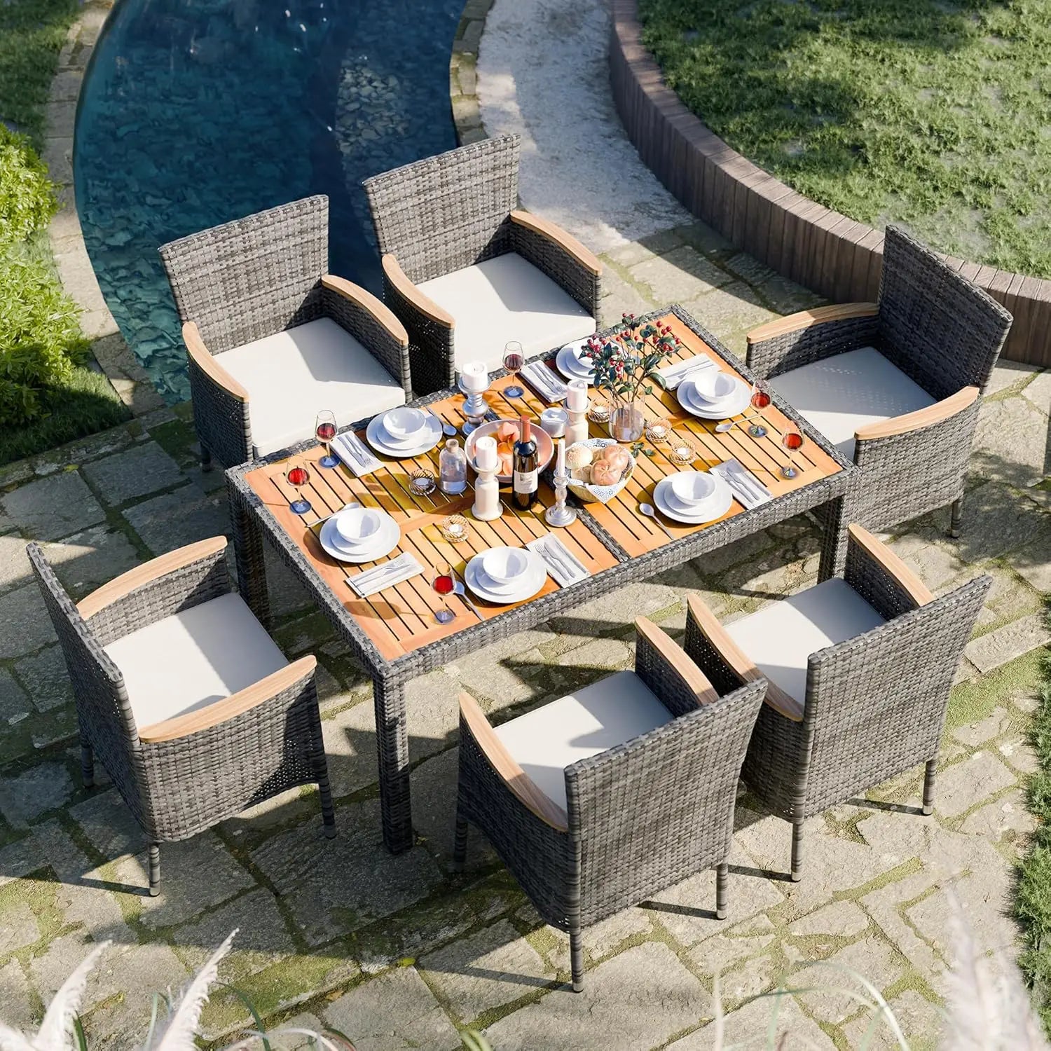 Wicker Patio Furniture Set with Acacia Wood Table and Six Chairs with Soft Cushions for Outdoor Dining Garden Set - Wild Paw Outdoors