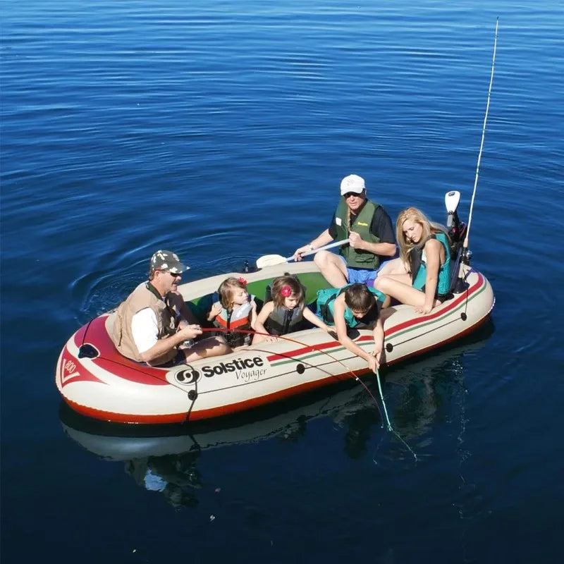 Solstice Voyager 6 Person Inflatable Fishing Boat with Dual Swivel Oar Locks and Rod Holder Motor Compatible - Wild Paw Outdoors
