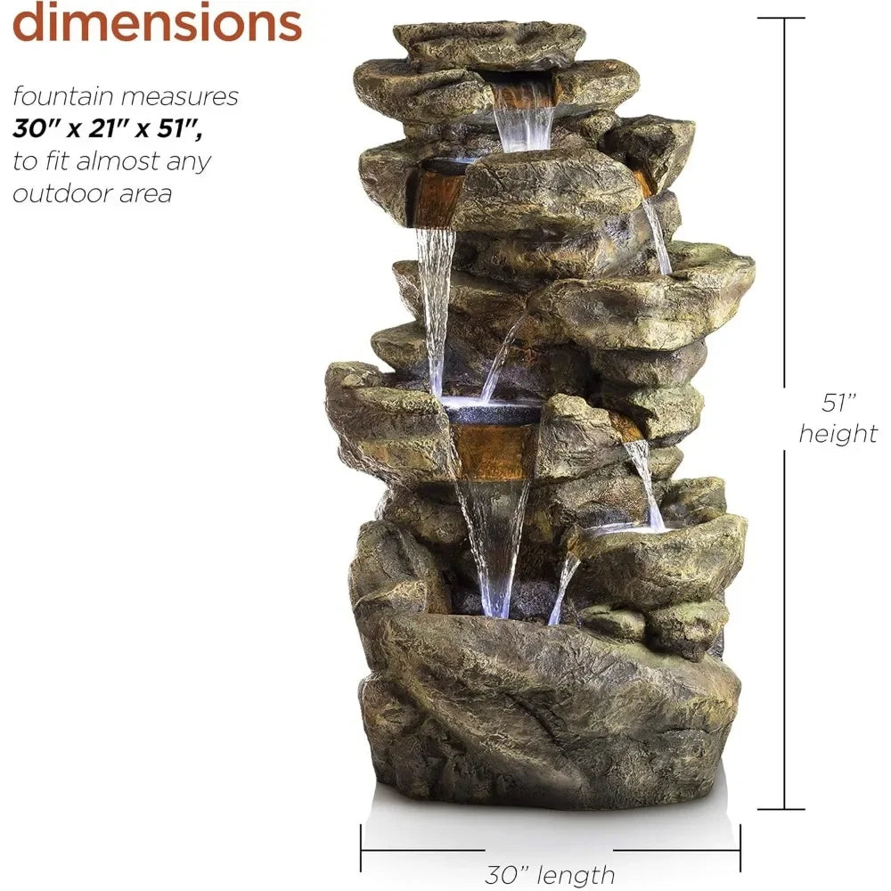 51 Inch Outdoor Six Story Fountain with LED Lights and Natural Stone Appearance for Gardens and Rock Waterfall Fountains - Wild Paw Outdoors