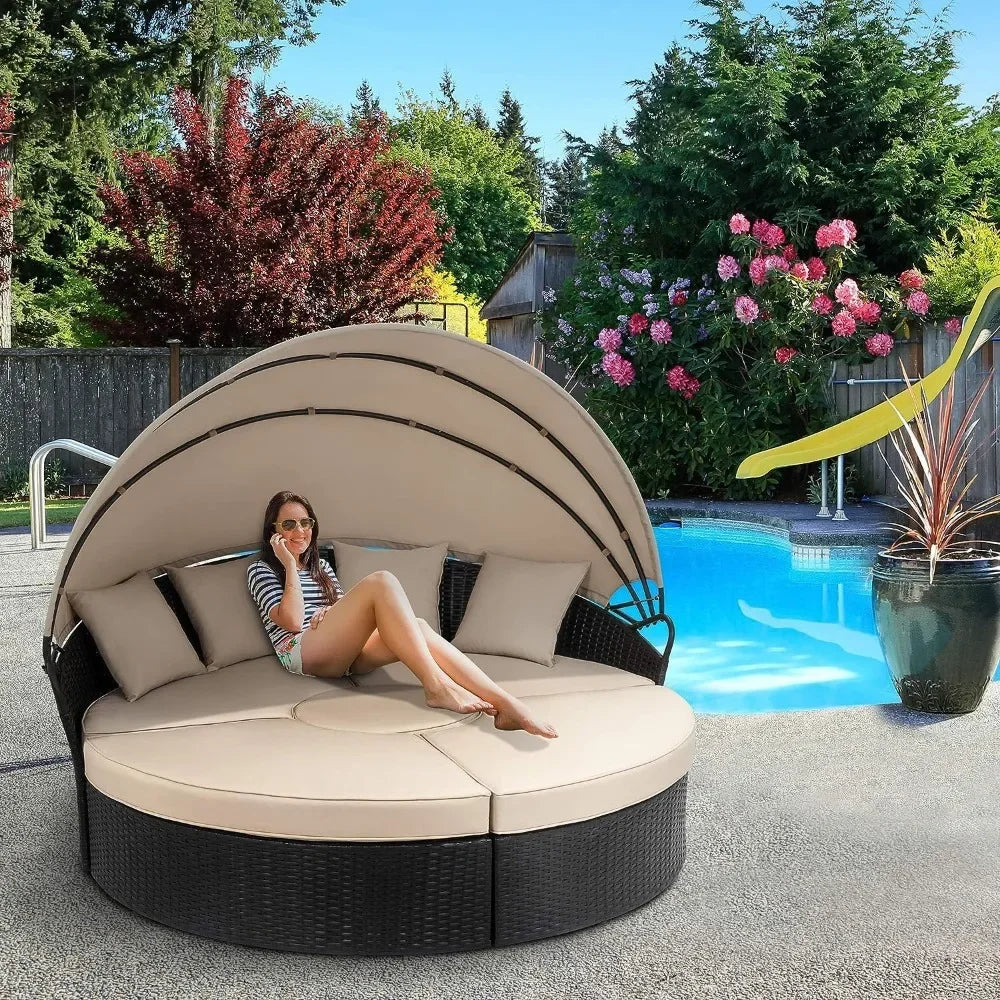 Patio Furniture Round Daybed with Retractable Canopy Outdoor Wicker Rattan Sectional Sofa Set Garden Furniture Sets - Wild Paw Outdoors