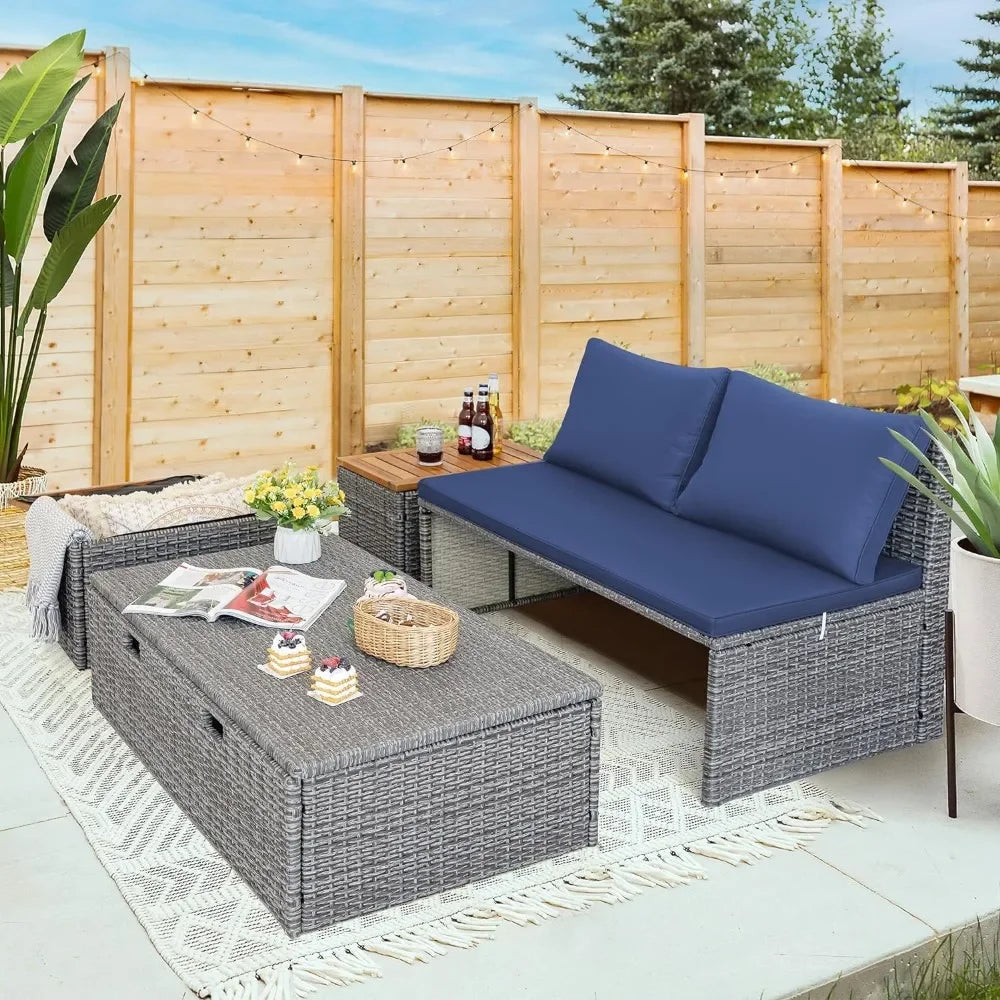Outdoor Daybed Set Multifunctional Patio Day Bed Rattan Lounge Bed with Two Side Tables for Backyard Porch Poolside Lawn Beach - Wild Paw Outdoors