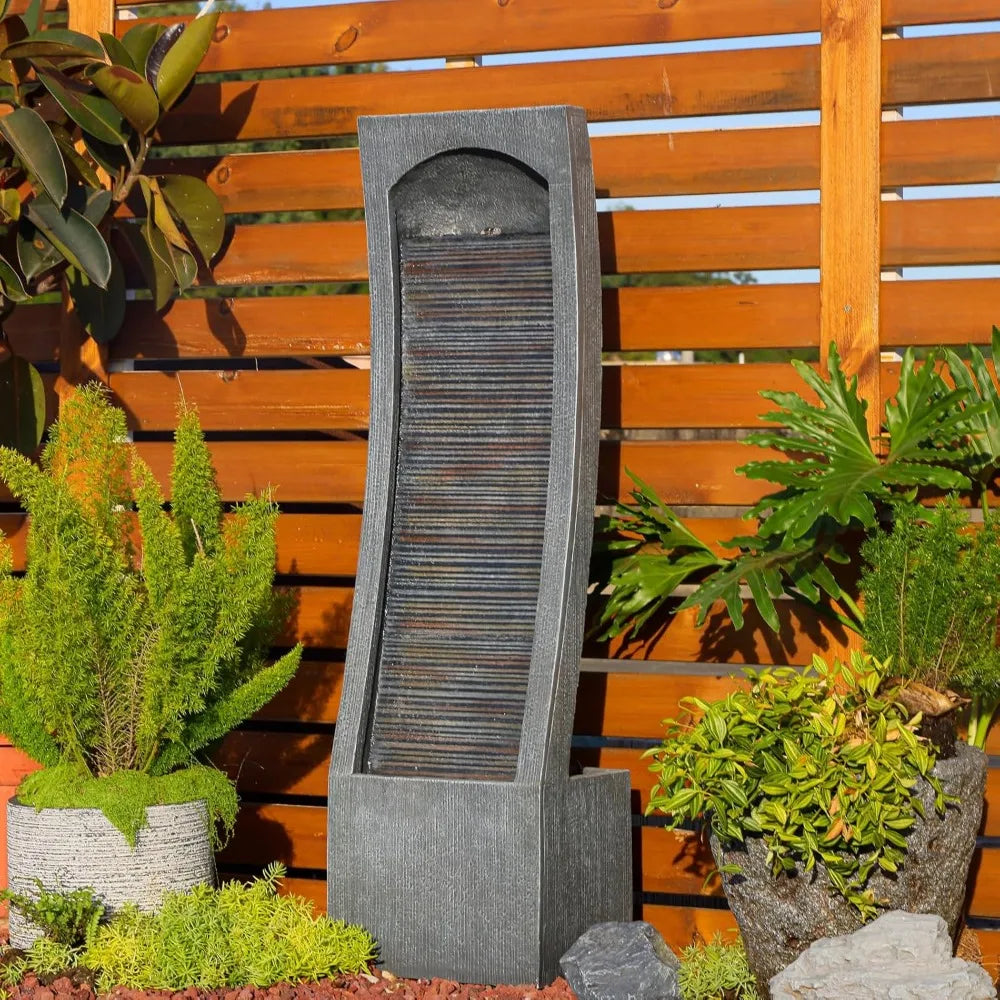 Modern Indoor Water Fountain Curved Faux Slate Waterfall Fountain with LED Lighting 42.5 Inch Tall Tiered Waterfall Fountain - Wild Paw Outdoors