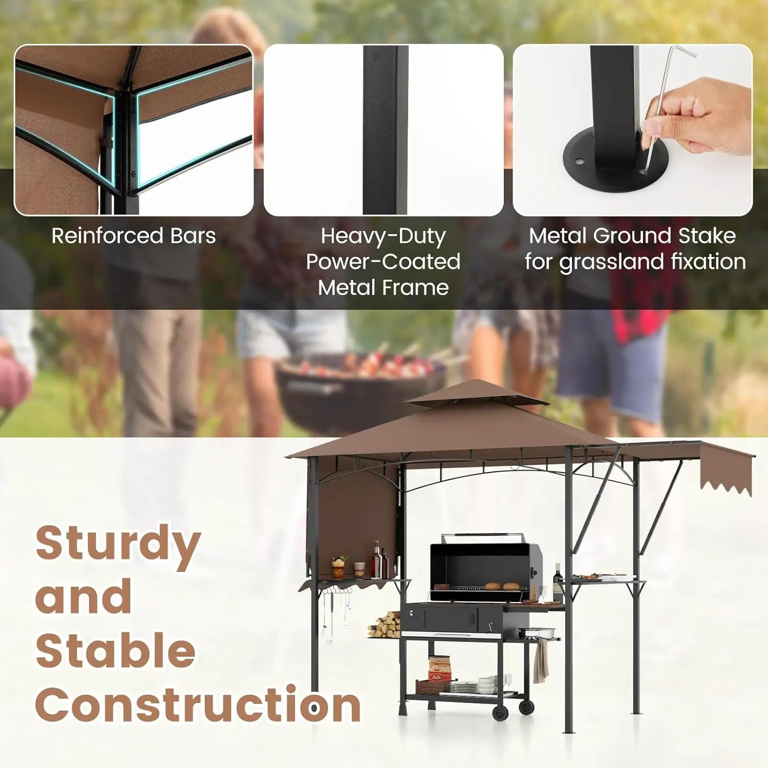 13x5 Ft Grill Gazebo with Dual Side Awnings 2-Tier Barbecue Gazebo with Shelves and Hooks Adjustable Shade Outdoor Grill Canopy - Wild Paw Outdoors