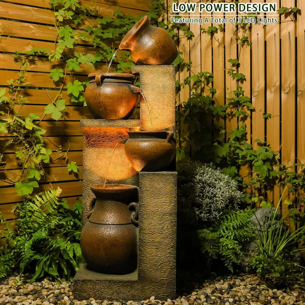 53 Inch Tall Large Outdoor Fountain with Lights 4 Storey Waterfall Fountain Standalone Outdoor Water Feature - Wild Paw Outdoors
