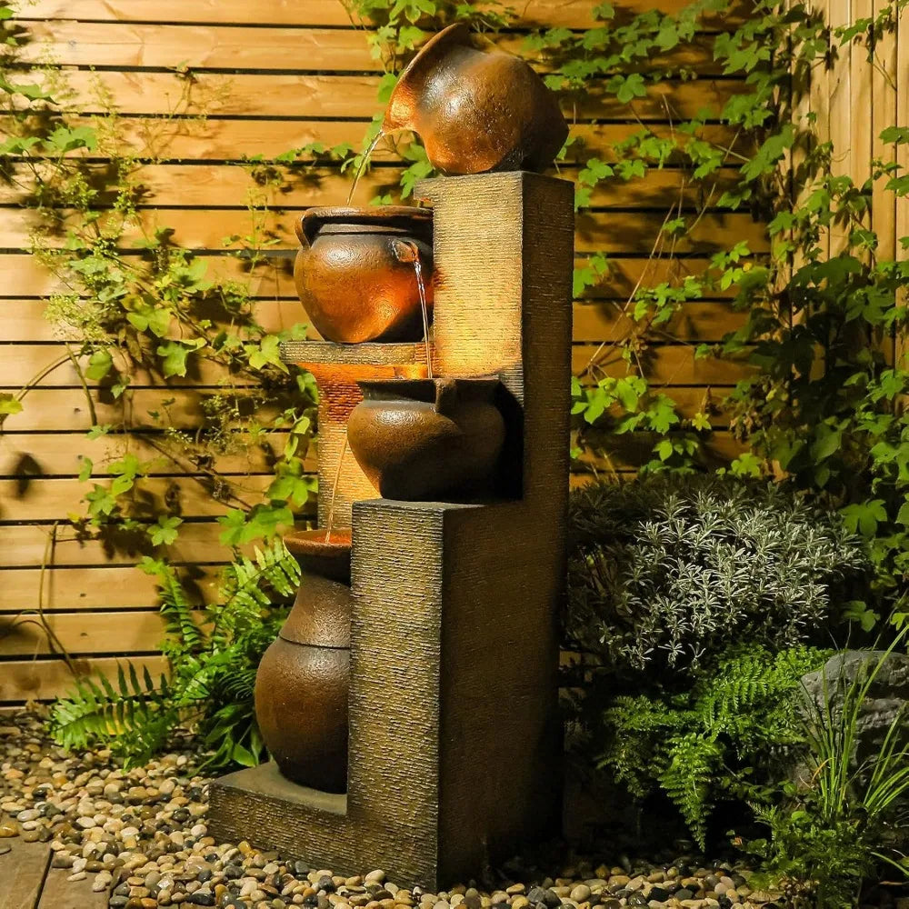 53 Inch Tall Large Outdoor Fountain with Lights 4 Storey Waterfall Fountain Standalone Outdoor Water Feature - Wild Paw Outdoors
