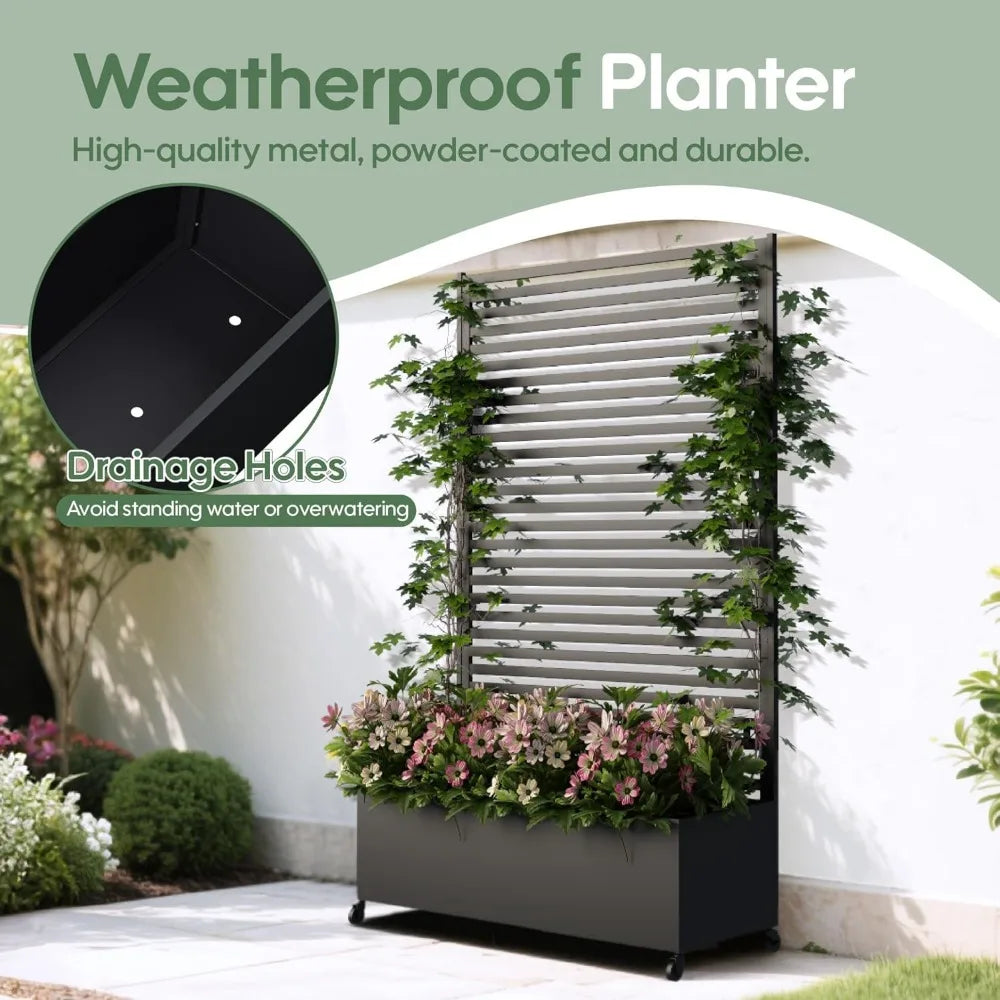 Metal Planter Box with Trellis Privacy Screen Raised Garden Bed with Wheels Modern Outdoor Planters for Patio - Wild Paw Outdoors