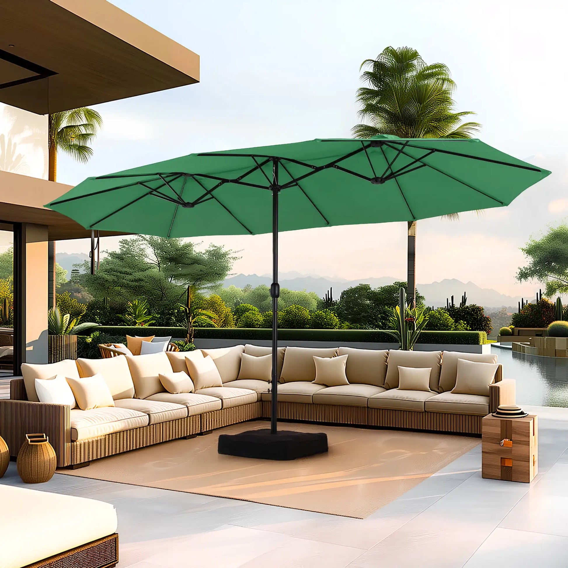 15 Ft Large Patio Umbrella with Base Double Sided Rectangular Outdoor Deck Umbrella Beige - Wild Paw Outdoors