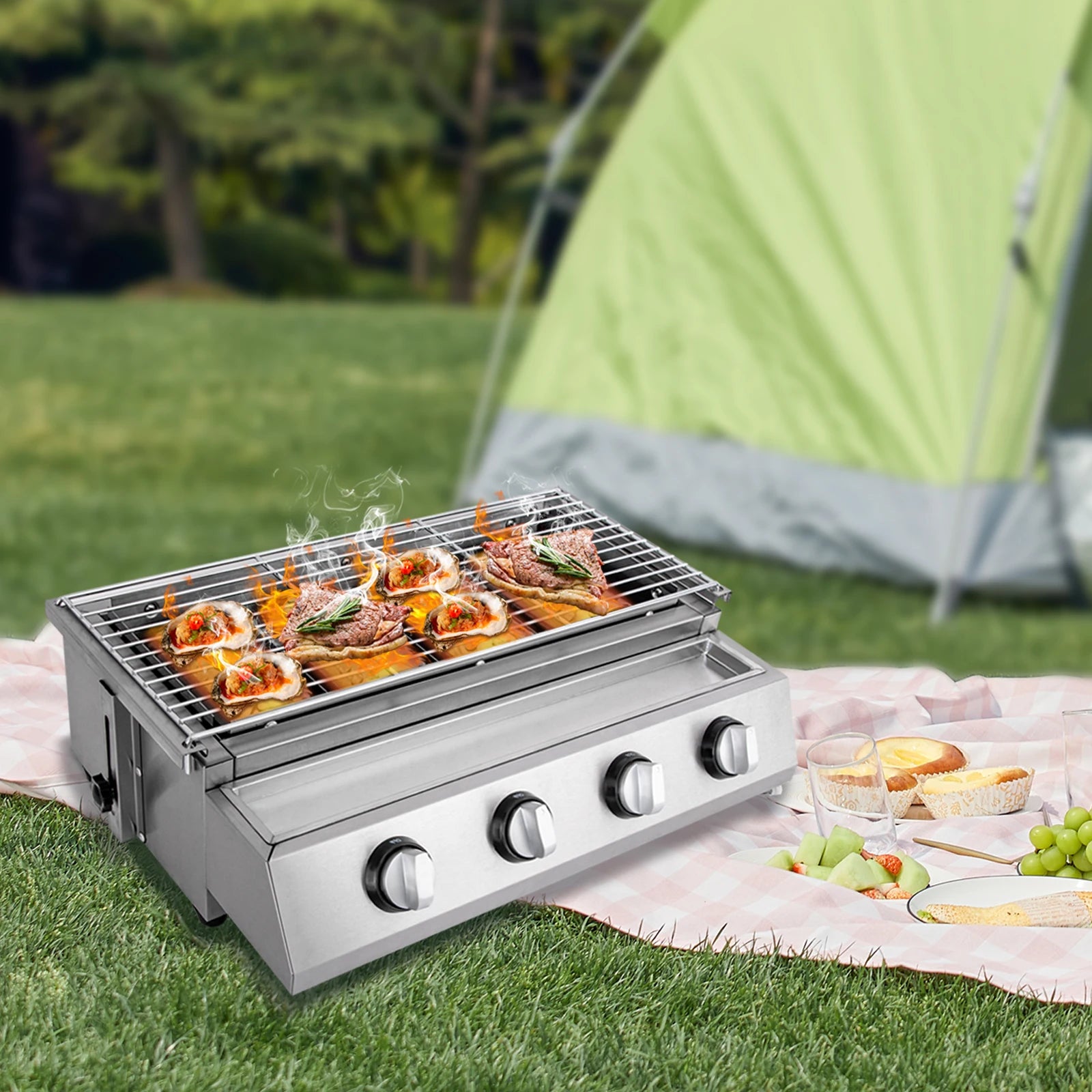 Stainless Steel Smokeless Barbecue Grill 4 Burners LPG Gas Grill Portable BBQ Grill Removable for Outdoor Patio Garden - Wild Paw Outdoors