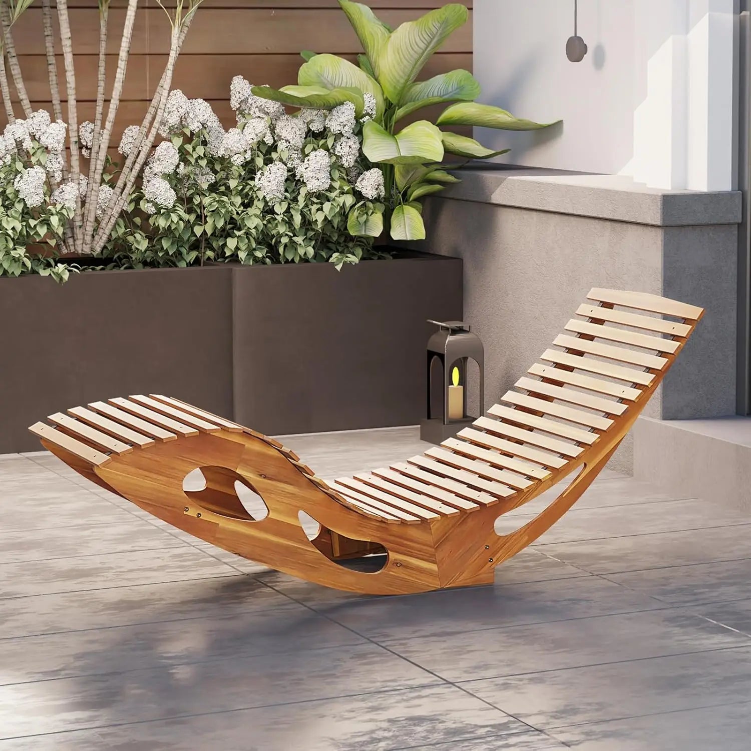 Outdoor Acacia Wood Chaise Lounge Chair Set of 2 Rocking Sun Lounger with Slatted Backrest and Seat - Wild Paw Outdoors