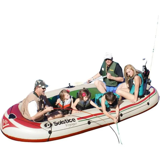 Solstice Voyager 6 Person Inflatable Fishing Boat with Dual Swivel Oar Locks and Rod Holder Motor Compatible - Wild Paw Outdoors