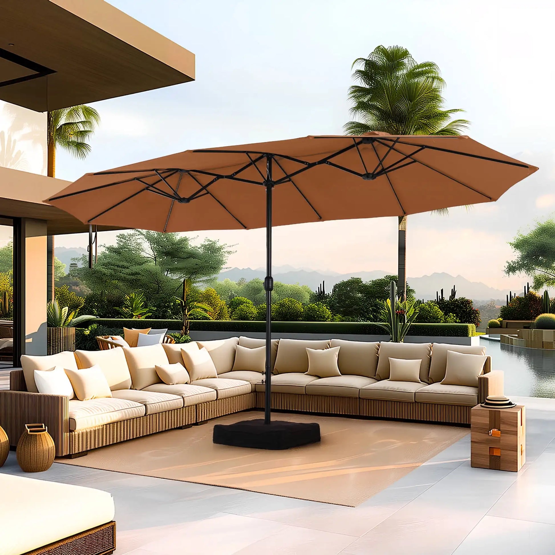 15 Ft Large Patio Umbrella with Base Double Sided Rectangular Outdoor Deck Umbrella Beige - Wild Paw Outdoors