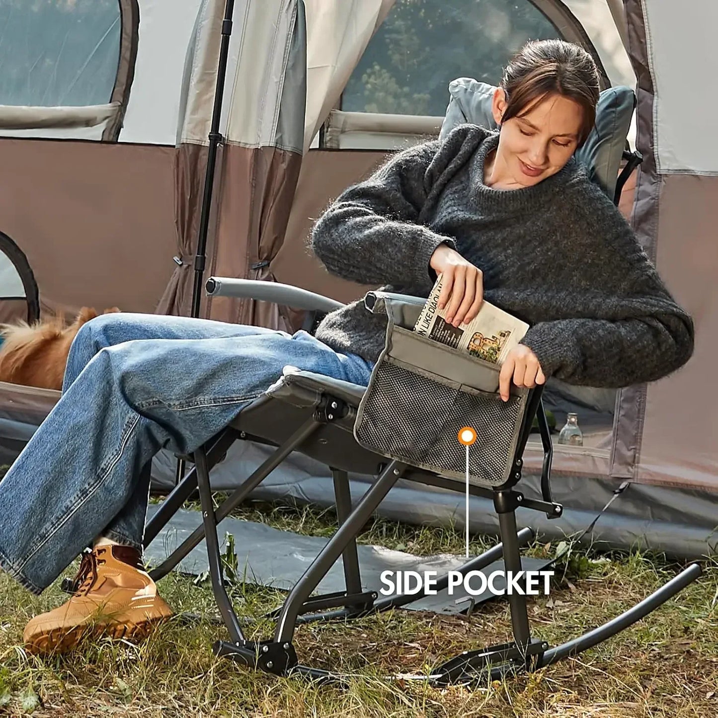 Folding Rocking Chair Indoor and Outdoor Thick Padded Recliner Portable Camping Rocker for Patio Front Porch Grey - Wild Paw Outdoors