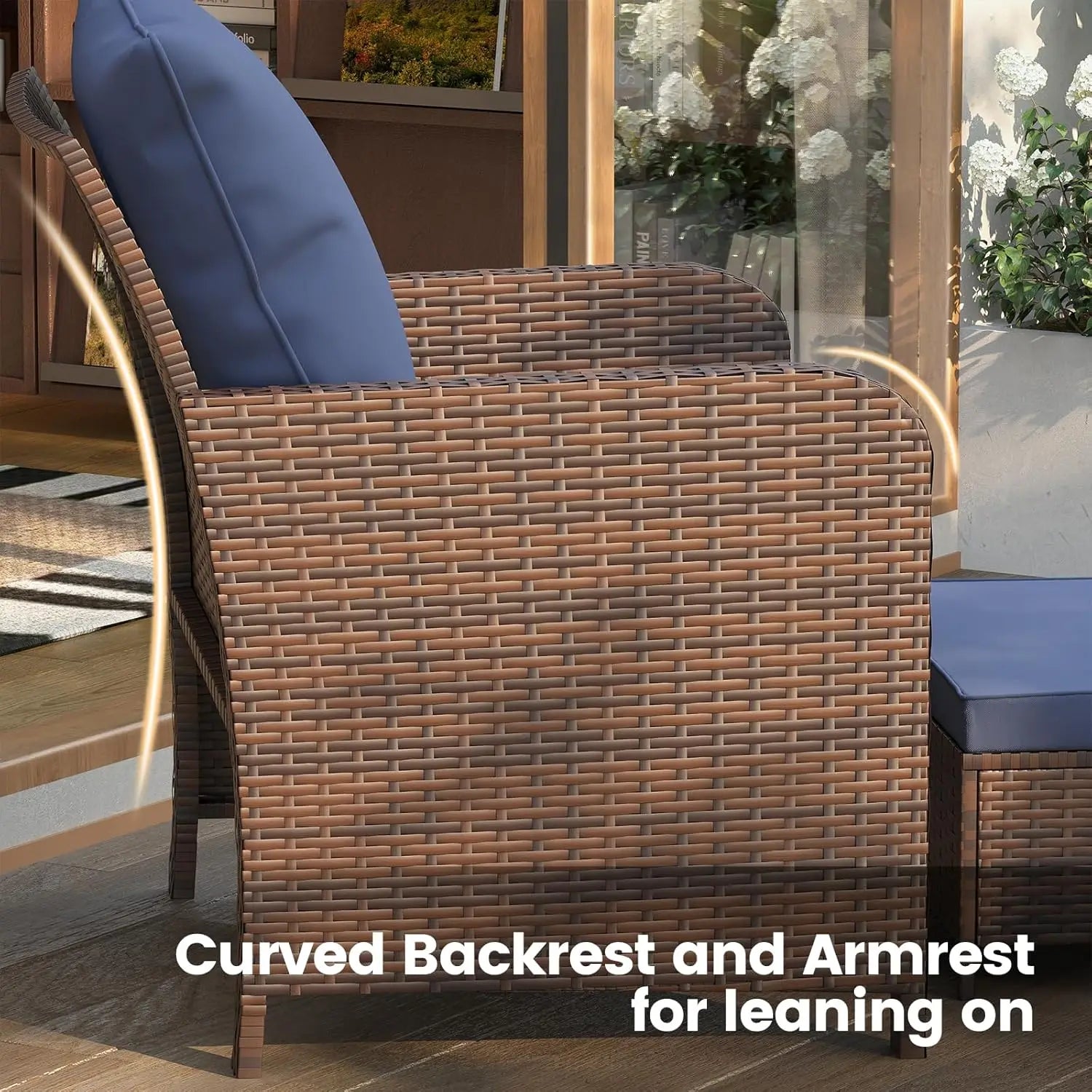 Balcony Furniture Patio Chairs with Hidden Ottoman Five Piece Set with Side Table for Front Porch Blue Cushion - Wild Paw Outdoors