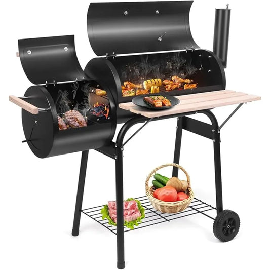 Charcoal Grill and Offset Smoker Outdoor Patio Barbecue Cooker with Wheels Portable Backyard BBQ Oven with Side Fire Box - Wild Paw Outdoors