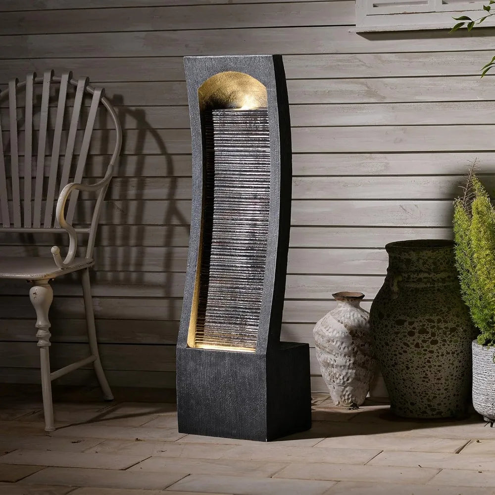 Modern Indoor Water Fountain Curved Faux Slate Waterfall Fountain with LED Lighting 42.5 Inch Tall Tiered Waterfall Fountain - Wild Paw Outdoors
