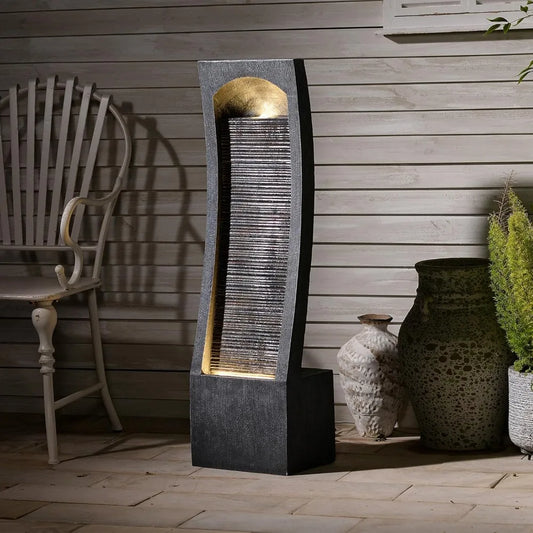 Modern Indoor Water Fountain Curved Faux Slate Waterfall Fountain with LED Lighting 42.5 Inch Tall Tiered Waterfall Fountain - Wild Paw Outdoors