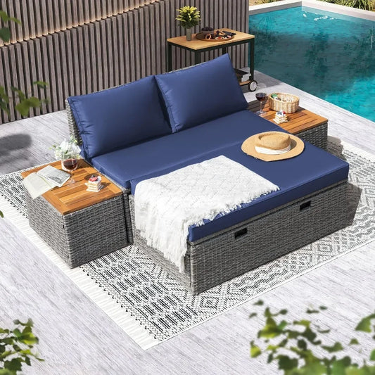 Outdoor Daybed Set Multifunctional Patio Day Bed Rattan Lounge Bed with Two Side Tables for Backyard Porch Poolside Lawn Beach - Wild Paw Outdoors