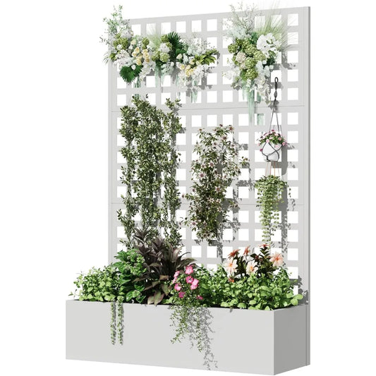 Metal Planter Box with Trellis 71 Inch by 47 Inch by 16 Inch Raised Garden Bed with Privacy Screen and Drainage Hole - Wild Paw Outdoors