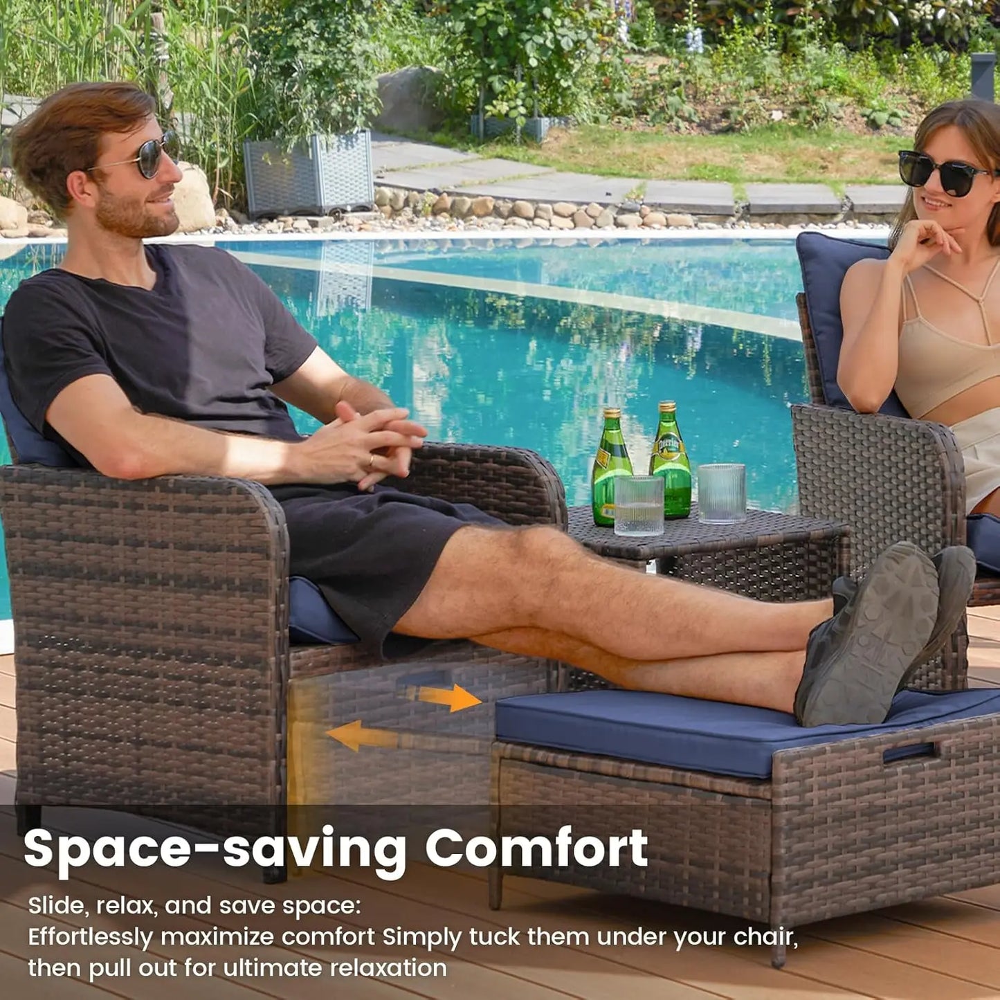Balcony Furniture Patio Chairs with Hidden Ottoman Five Piece Set with Side Table for Front Porch Blue Cushion - Wild Paw Outdoors
