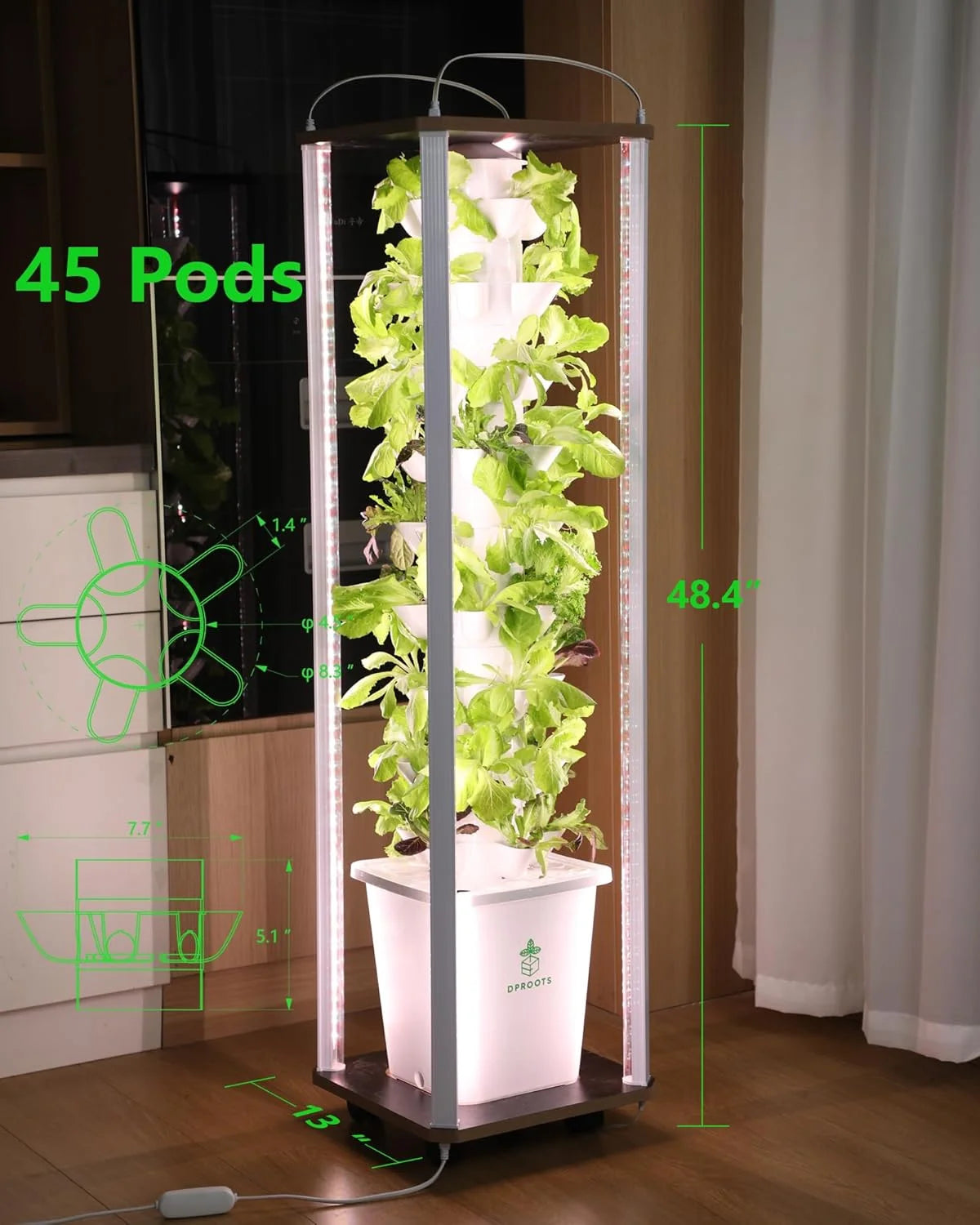 45 Pod Vertical Hydroponics Tower With Full Spectrum Light - Wild Paw Outdoors