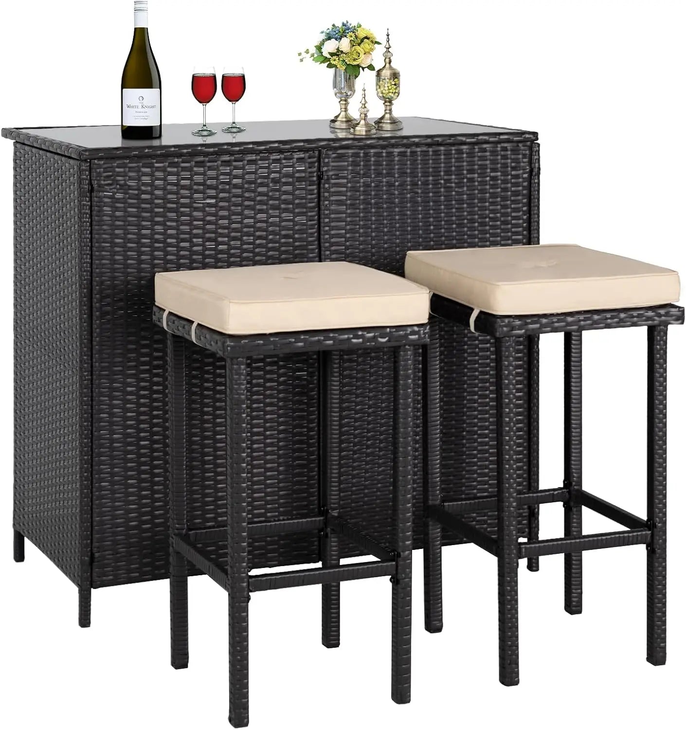 3 Piece Wicker Patio Outdoor Bar Set with 2 Stools and 1 Glass Top Table for Deck Lawn and Backyard - Wild Paw Outdoors