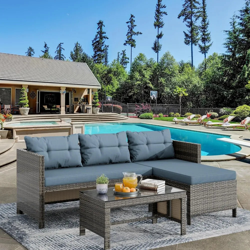 Outdoor Patio Furniture 3 Piece Waterproof Outdoor Sectional Sofa All Weather L Shaped Patio Couch with Cushion Glass Table - Wild Paw Outdoors