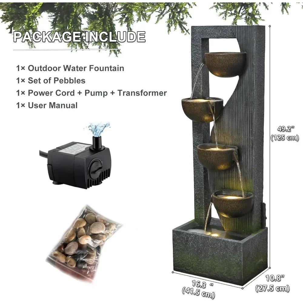 Outdoor Cascading Bowl Waterfall Fountain 49.2 Inches Tall with LED Lights Pump and Natural Stones for Garden - Wild Paw Outdoors