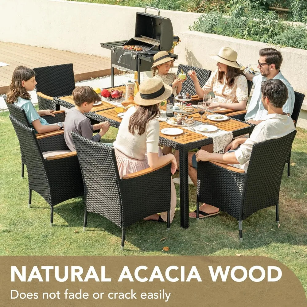 Outdoor Patio Dining Set 9 Pieces Wicker Dining Table and Chairs with Acacia Wood Top and Widened Armrests - Wild Paw Outdoors