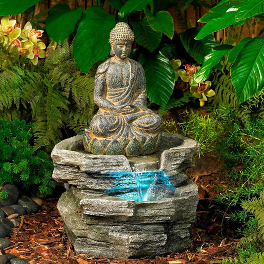 Sitting Buddha Zen Outdoor Water Fountain With LED Light - Wild Paw Outdoors