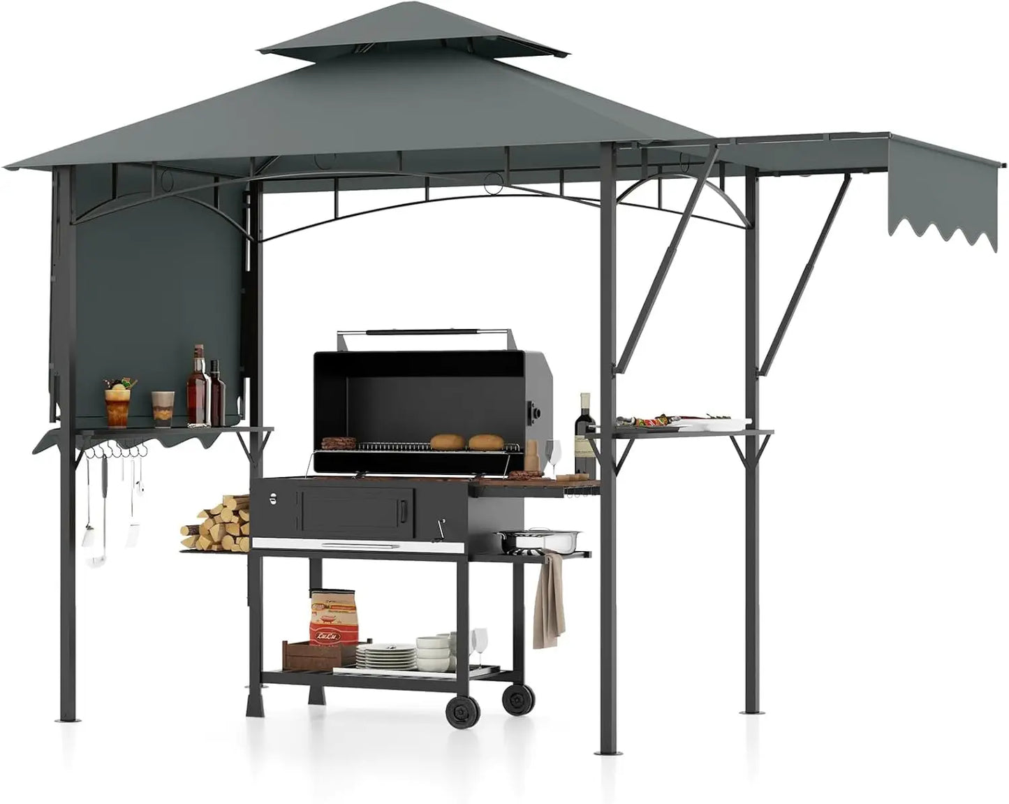 13x5 Ft Grill Gazebo with Dual Side Awnings 2-Tier Barbecue Gazebo with Shelves and Hooks Adjustable Shade Outdoor Grill Canopy - Wild Paw Outdoors