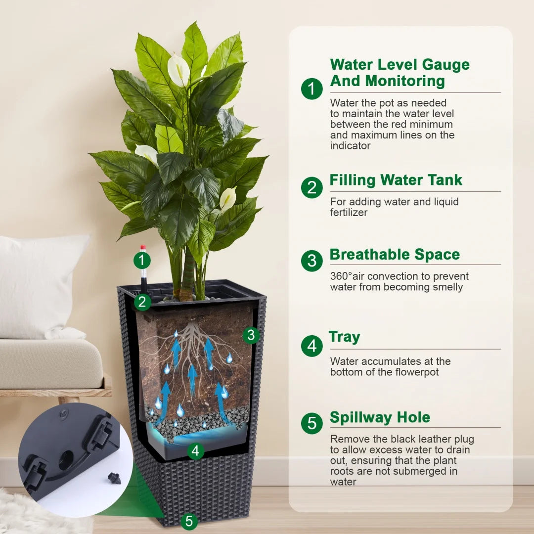 Set of 2 Rattan Style Planters 30 Inch Self Watering Flower Pots with Drainage Holes Water Level Monitor and Inner Bucket Indoor Outdoor - Wild Paw Outdoors